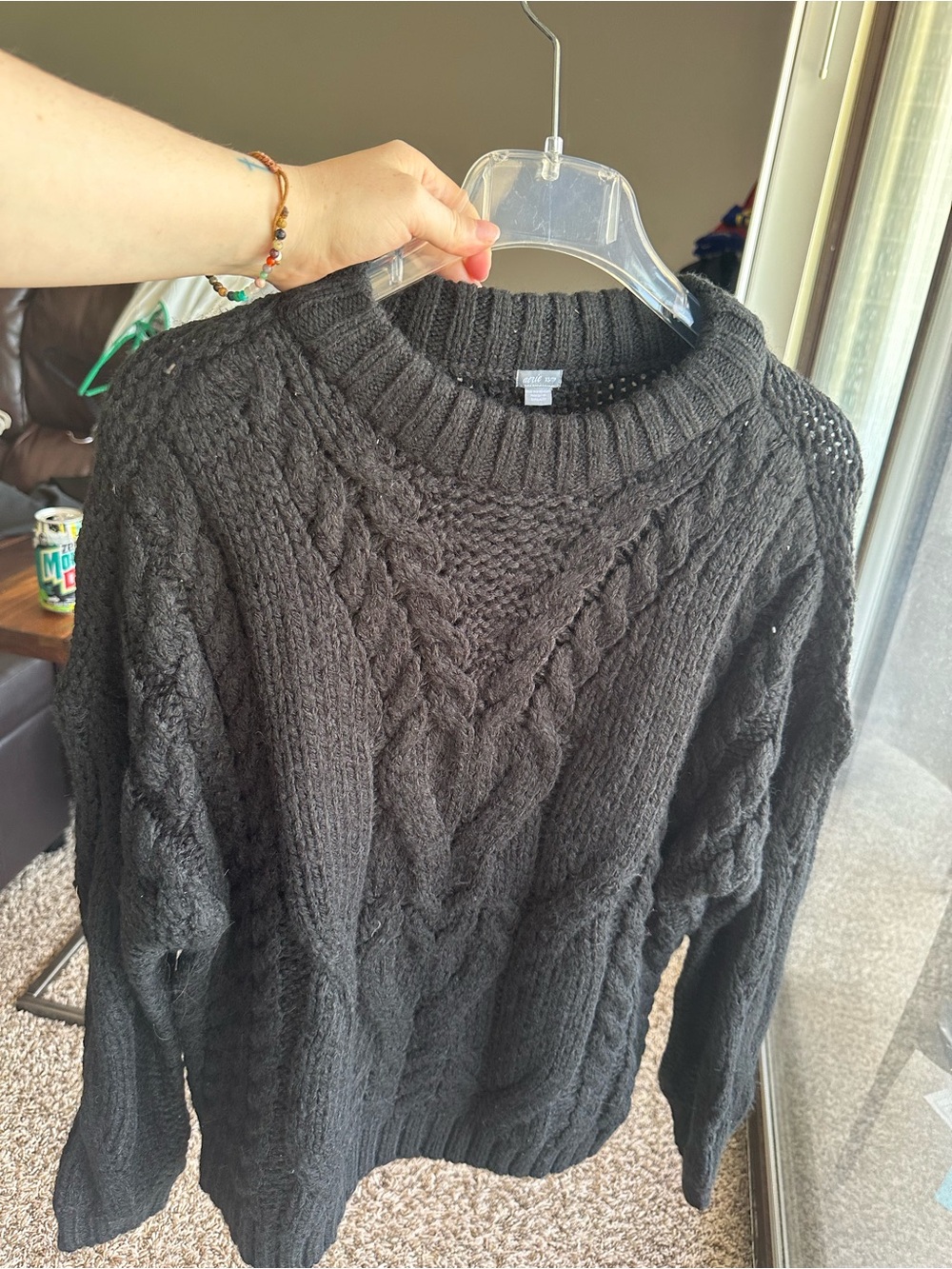 aerie Charcoal Grey or Faded Black Cable Knit Crewneck Sweater